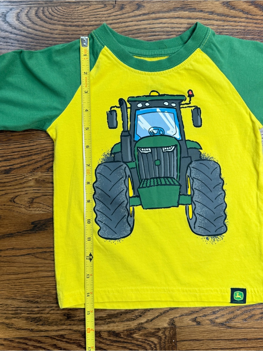 John Deere Boys Yellow Body Green Sleeve Tractor Tee Reverse Tractor on Back 2T - Picture 7 of 11